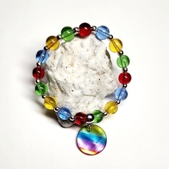 Colorful Beaded Stretch Bracelet Earrings Mother Of Pearl Charm Handmade - Picture 3 of 5